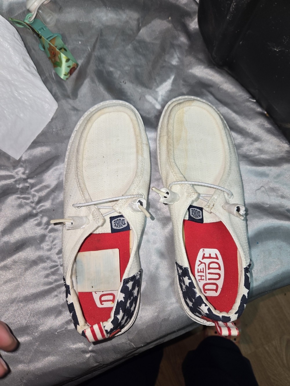Hey Dude Men's White Canvas Slip-On Shoes with Stars and Stripes Accent